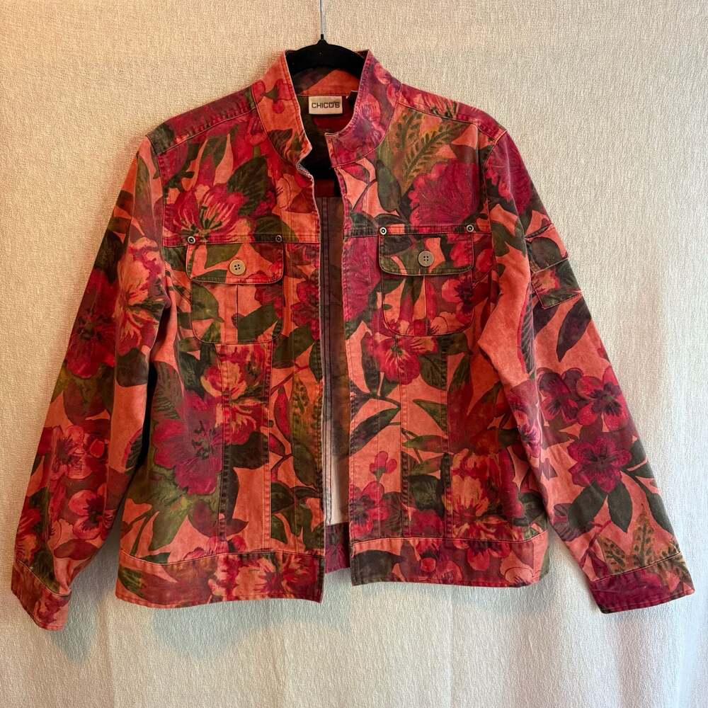 Chico's Women's Coral Red Floral Cotton Blend Utility Jacket Size 2